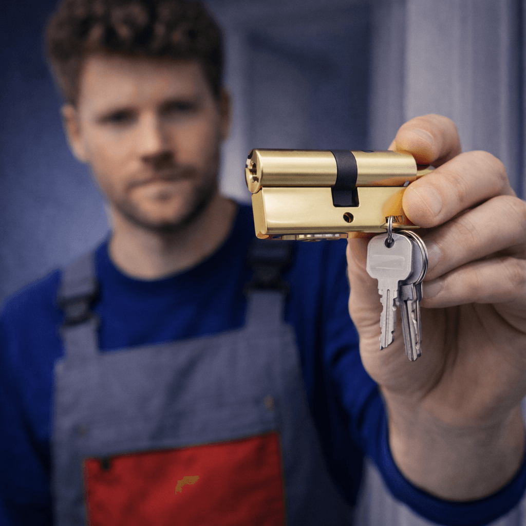 Serrurier tenant un cylindre de serrure et des clés à Marseille lors d’un remplacement précis